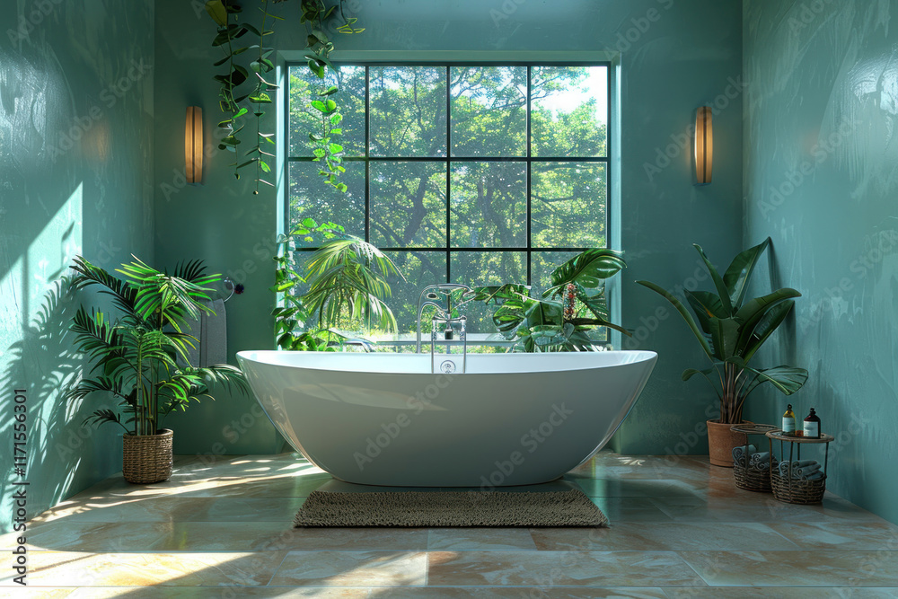Fototapeta premium bathroom with a large window overlooking a green garden with red flowers. 