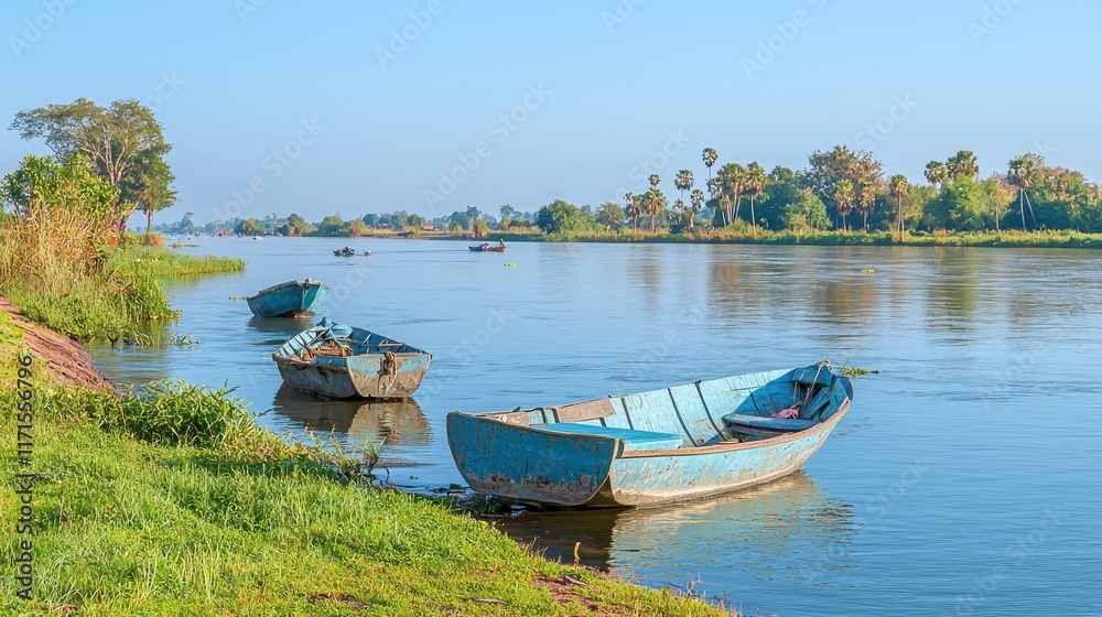 Tranquil riverside scene with boats and lush greenery. Tranquil riverside scene with boats and lush greenery.