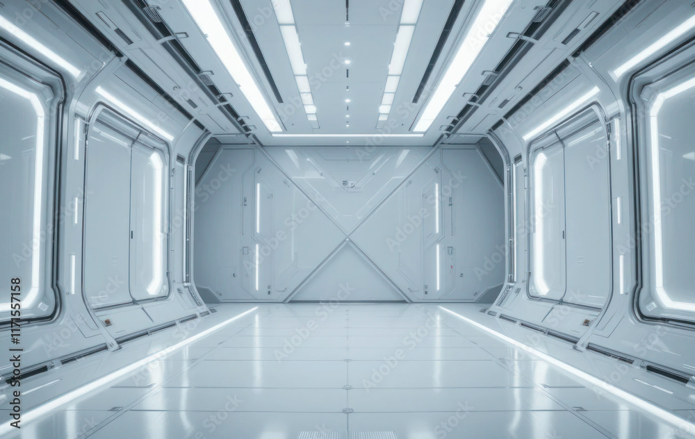 Obraz premium Futuristic Perspective Background with Hidden Lighting, White Floor, and Ceiling, Perfect for Modern Showroom or Tech Design