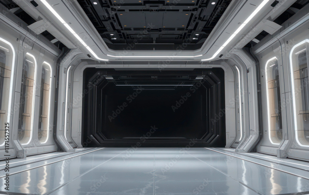 Futuristic Perspective Background with Hidden Lighting, White Floor, and Ceiling, Perfect for Modern Showroom or Tech Design Futuristic Perspective Background with Hidden Lighting, White Floor, and Ceiling, Perfect for Modern Showroom or Tech Design