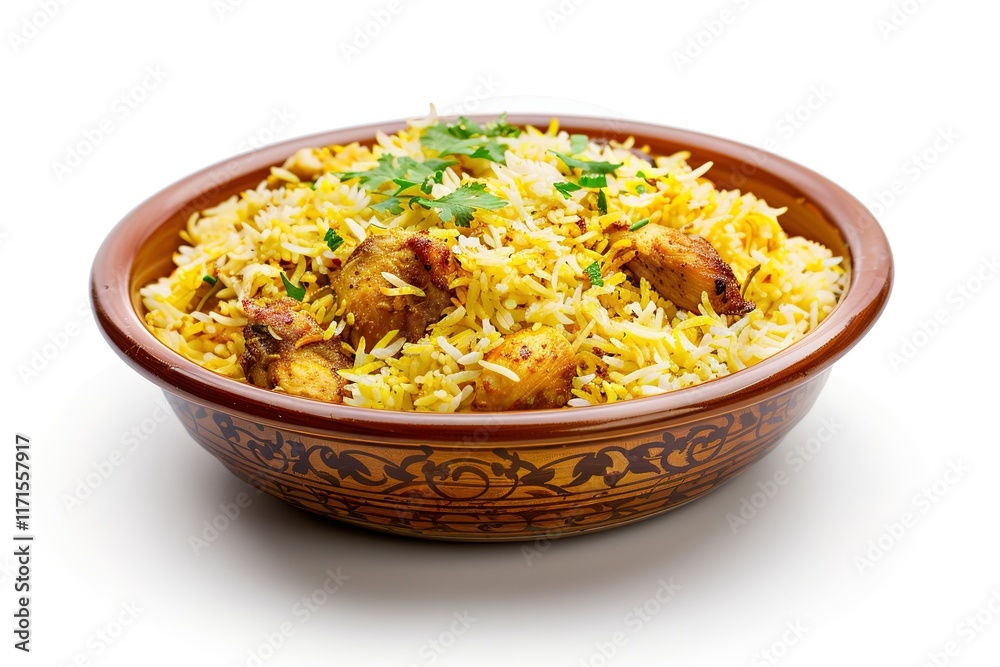 Delicious chicken biryani in a rustic bowl. Delicious chicken biryani in a rustic bowl.