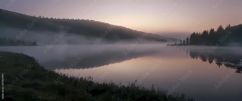 Fototapeta premium A mesmerizing view of a tranquil lake at dawn evoking calmness and peace