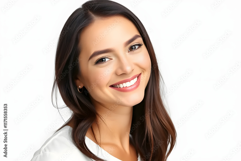 Portrait of a smiling woman with long dark hair wearing a white top against a white background. Portrait of a smiling woman with long dark hair wearing a white top against a white background.
