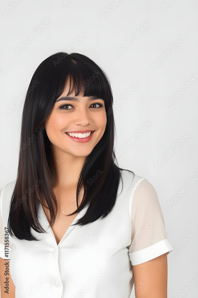 Portrait of a smiling woman with long dark hair wearing a white top against a white background. Portrait of a smiling woman with long dark hair wearing a white top against a white background.