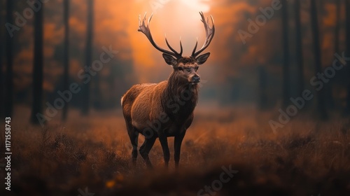 Wallpaper Mural A majestic stag stands in a misty forest at dawn, surrounded by ethereal autumn hues, This image can be used for nature articles, wildlife conservation campaigns, or serene wall art, Torontodigital.ca