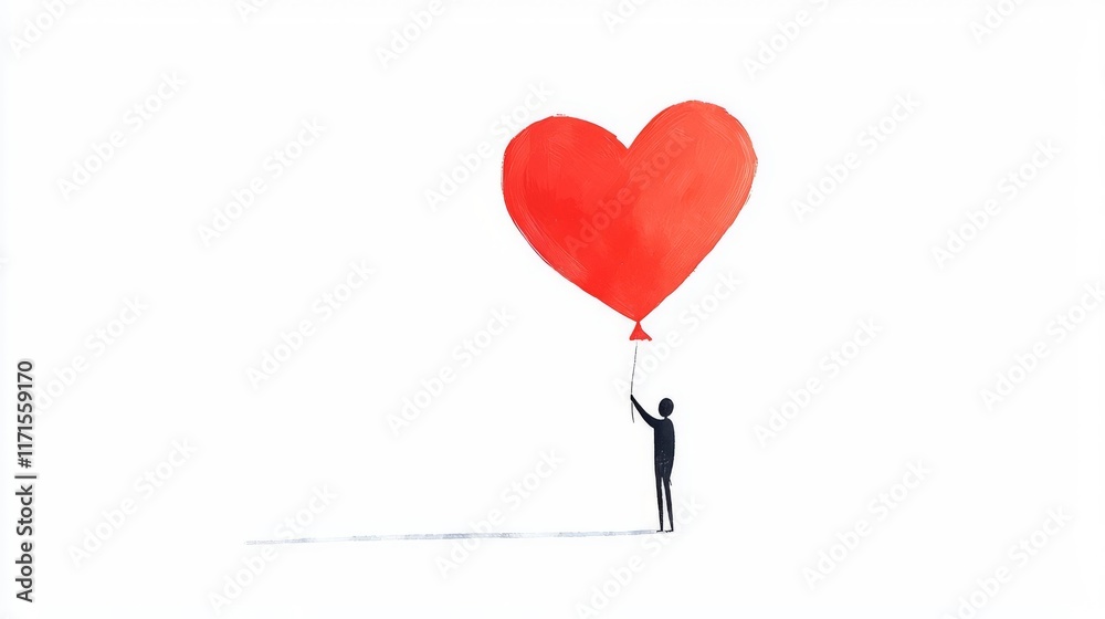 A silhouette holding a large red heart balloon in minimal style. A silhouette holding a large red heart balloon in minimal style.