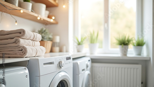 In background of stock photo, a white table was adorned with neatly folded stacks of laundry, stacked folded towels, modern white washing machine