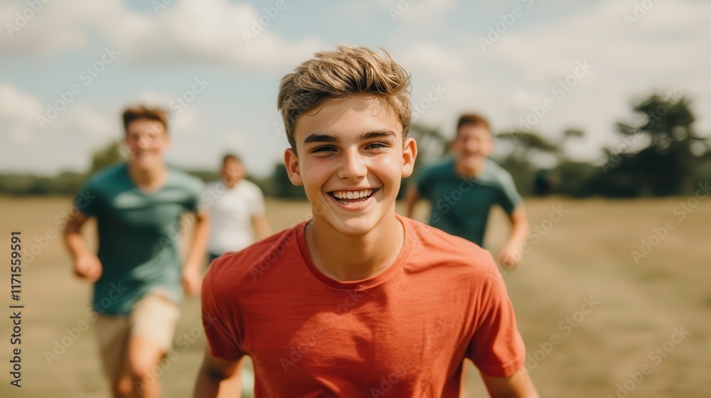 Naklejka premium A cheerful young boy runs joyfully in a field, surrounded by friends, enjoying a sunny day outdoors.