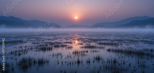 A serene and mystical scene of the Hakaluki Haor wetland at dusk, bathed in soft moonlight that casts a gentle glow across its tranquil waters, creating a mesmerizing dance of light and shadow amidst. photo