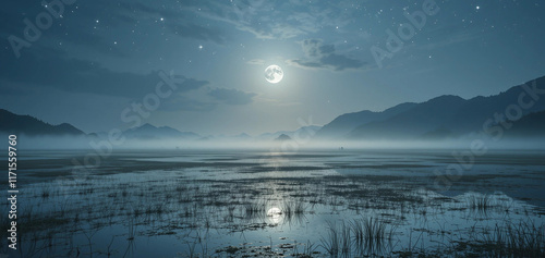 A serene and mystical Tanguar Haor wetland landscape at dusk, with a silver moon casting an ethereal glow across its vast, tranquil waters, as stars begin to twinkle like diamonds scattered across the photo