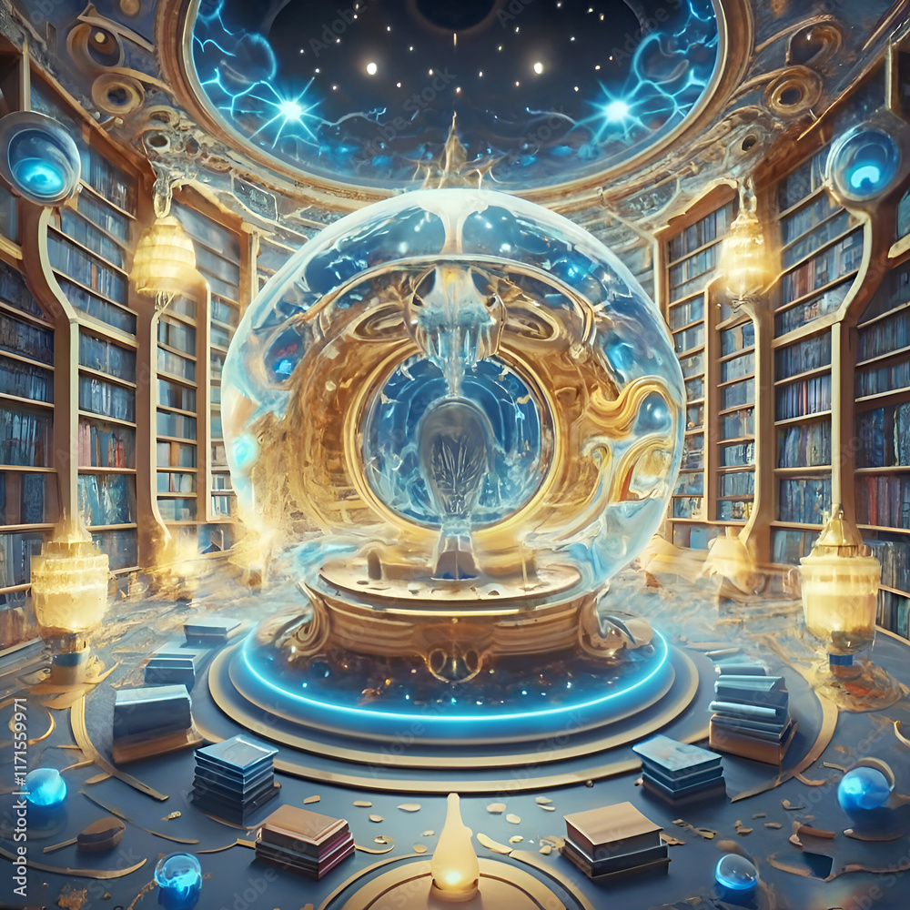 virtual view of golden-blue Akashi library extraterrestrial magical space. knowledge mystery concept. Ai generated.
