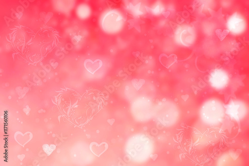 Abstract festive blur bright red orange background with light pink white hearts love bokeh for wedding card or Valentine day.  Romantic textured backdrop with space for your design. Card concept.
