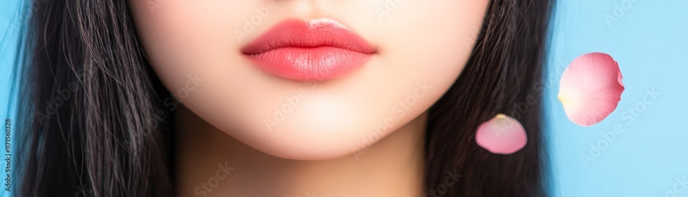 A close-up of a woman's lips against a soft blue background, accented by delicate rose petals, ideal for beauty, skincare, or wellness promotions, and editorial content, A close-up of a woman's lips against a soft blue background, accented by delicate rose petals, ideal for beauty, skincare, or wellness promotions, and editorial content,