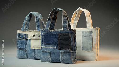 A group of three rustic denim tote bags with distressed patchwork details, displayed under soft lighting for a stylish and eco-conscious vibe. photo