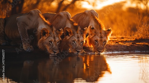 Majestic Lions at Sunset: A Golden African Moment photo