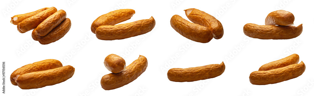 Obraz premium Zestaw kiełbas, kiałbasa na grilla bez tła. Na białym tle