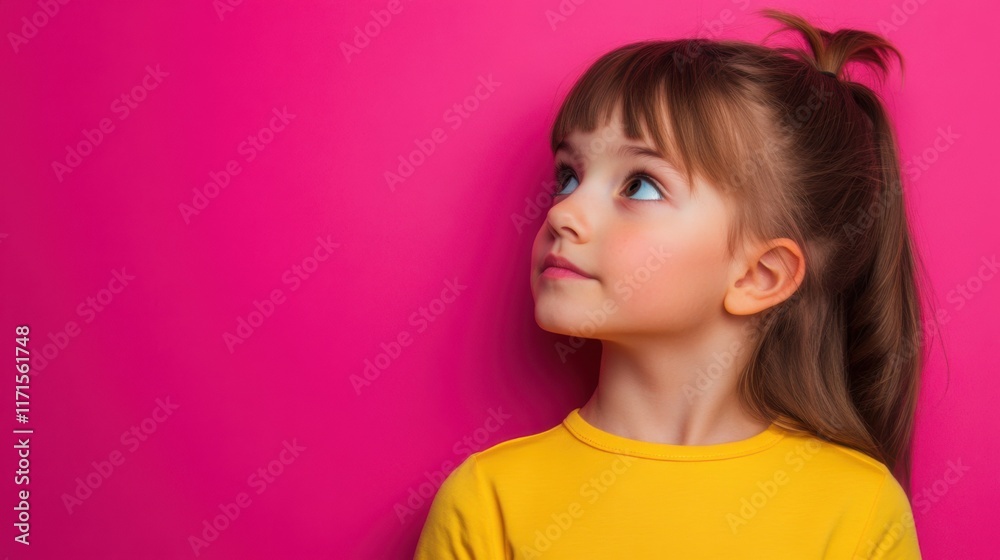Young girl with ponytail gazes thoughtfully at bright pink wall in cheerful indoor setting Young girl with ponytail gazes thoughtfully at bright pink wall in cheerful indoor setting