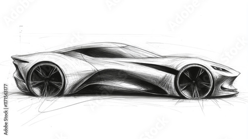 Black and white futuristic concept car sketch highlighting sleek curves, aerodynamic design, and modern automotive styling