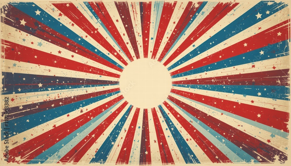 Fototapeta premium Vintage sunburst background with colorful rays and grunge texture design