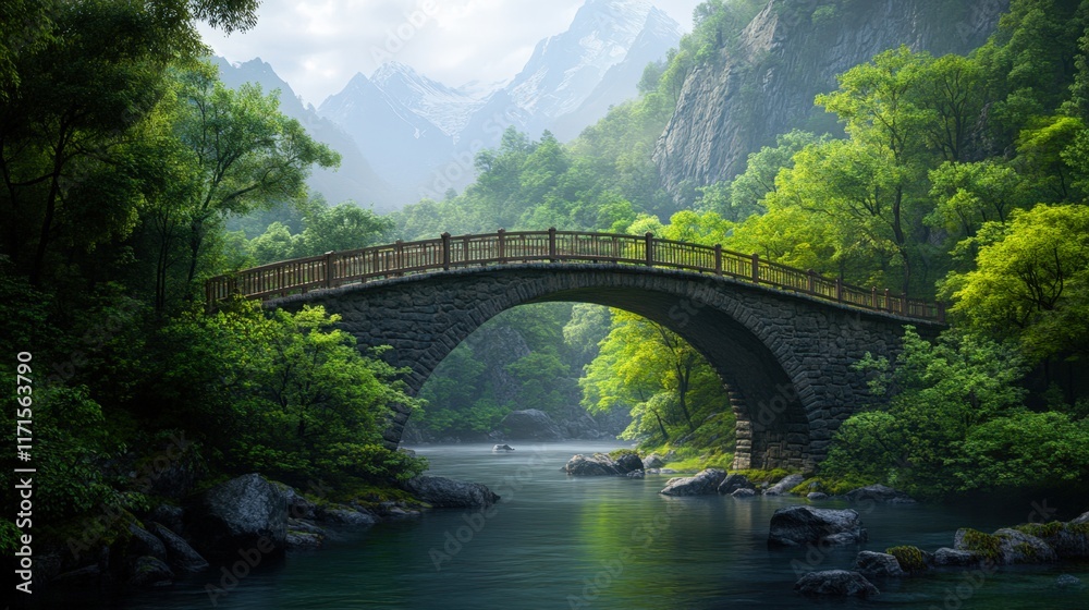 A serene landscape showcases a stone arch bridge over a tranquil river, surrounded by lush greenery and majestic mountains, Ideal for nature themes, travel brochures, and relaxation visuals, A serene landscape showcases a stone arch bridge over a tranquil river, surrounded by lush greenery and majestic mountains, Ideal for nature themes, travel brochures, and relaxation visuals,