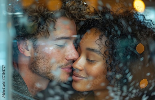 A man and a woman are kissing each other through a window