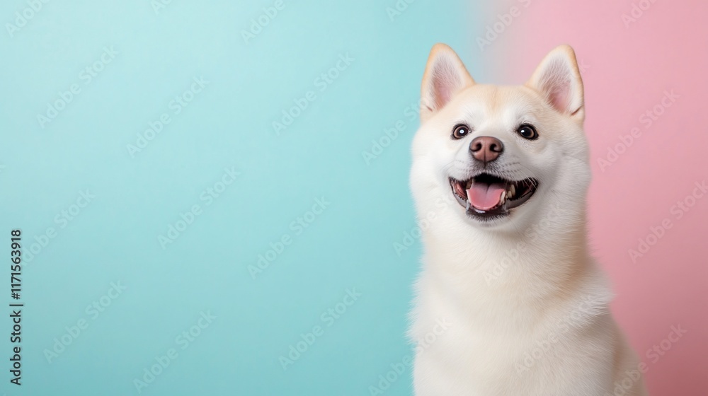 A cheerful dog with a bright smile against a pastel background. A cheerful dog with a bright smile against a pastel background.