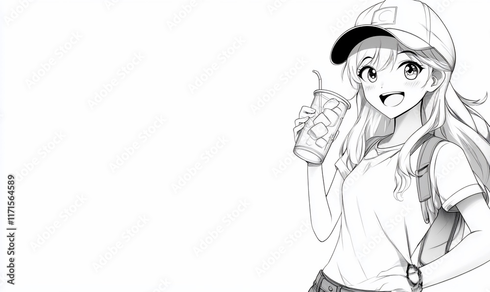 A cheerful girl holding a drink, set against a minimal background. A cheerful girl holding a drink, set against a minimal background.