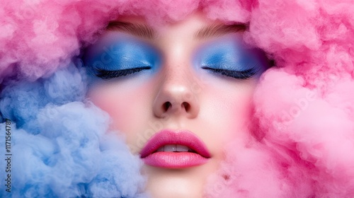 A captivating close-up of a model's face surrounded by fluffy pink and blue clouds, emphasizing bold makeup, Ideal for fashion, beauty blogs, and advertising campaigns focusing on creative looks, photo