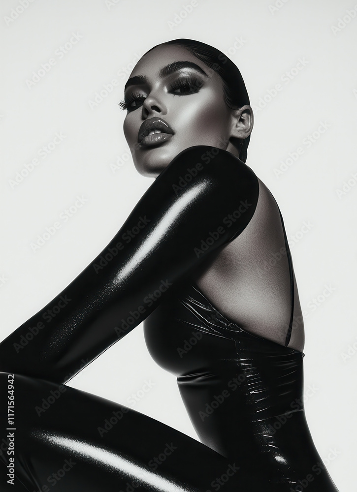 Striking Fashion Portrait Showcasing High Glamour and Modern Style in a Contemporary Black Attire for Editorial and Photography Enthusiasts Striking Fashion Portrait Showcasing High Glamour and Modern Style in a Contemporary Black Attire for Editorial and Photography Enthusiasts