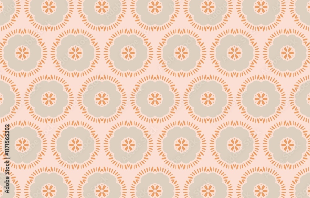 A pattern of circles and flowers is shown on a light pink background A pattern of circles and flowers is shown on a light pink background