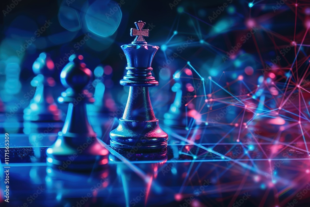 Chess king piece on a board, illuminated with vibrant blue and pink lighting, symbolizing strategy and leadership. Chess king piece on a board, illuminated with vibrant blue and pink lighting, symbolizing strategy and leadership.