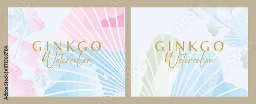 Watercolor horizontal ginkgo background for feminine documents