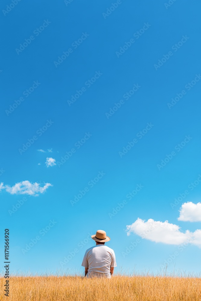 A person sits peacefully in a golden field under a bright blue sky, ideal for themes of tranquility, reflection, or nature, Perfect for wellness, lifestyle, or outdoor adventure content, A person sits peacefully in a golden field under a bright blue sky, ideal for themes of tranquility, reflection, or nature, Perfect for wellness, lifestyle, or outdoor adventure content,