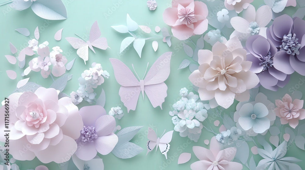 Fototapeta premium whimsical 3d paper flowers and butterflies in soft spring colors