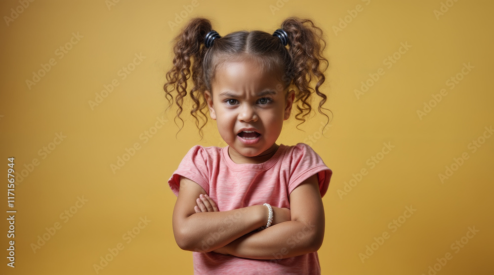 An angry young girl with a scowl on her face. Her arms are crossed. She has pigtails and is wearing a pink t-shirt. Yellow background. An upset child. An angry young girl with a scowl on her face. Her arms are crossed. She has pigtails and is wearing a pink t-shirt. Yellow background. An upset child.