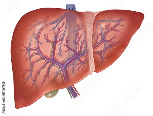 anatomical illustration of the human liver showing blood vessels - portal vein, hepatic artery, hepatic vein