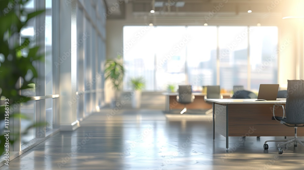 Modern office space with city view, sunlight streaming through large windows. Modern office space with city view, sunlight streaming through large windows.