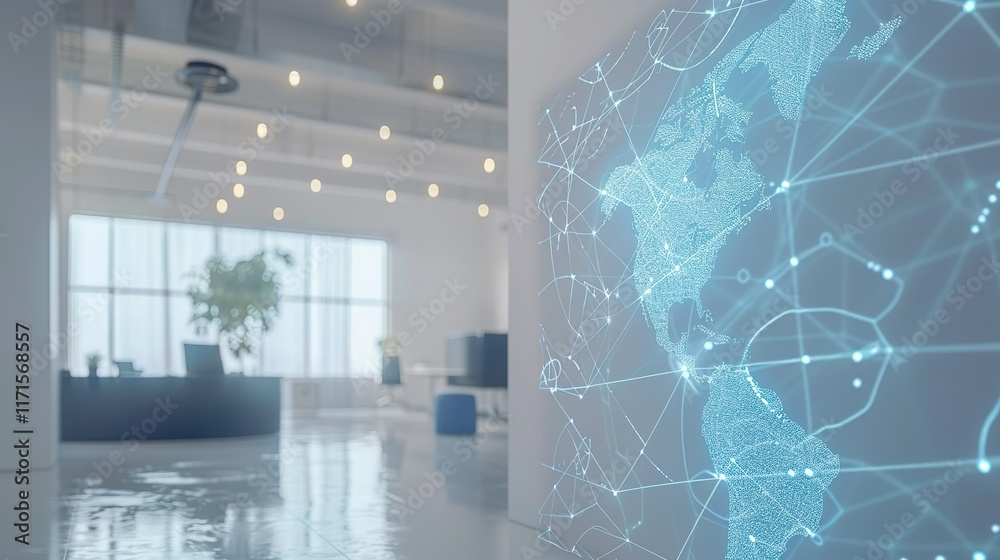 Obraz premium Global network map in modern office setting.