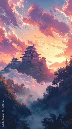 Majestic Asian Castle Perched High On A Misty Mountain At Sunset