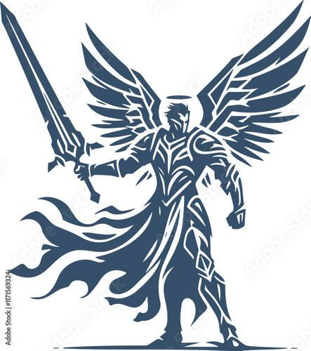 Armored Angel with Sword in Stylized Vector Art