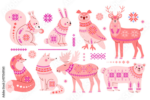 Set of forest animals: fox, wolf, bear, elk, deer, squirrel, owl, hare in Scandinavian northern style with ornament in pink color. Vector simple folklore illustration for postcards, toy packaging.