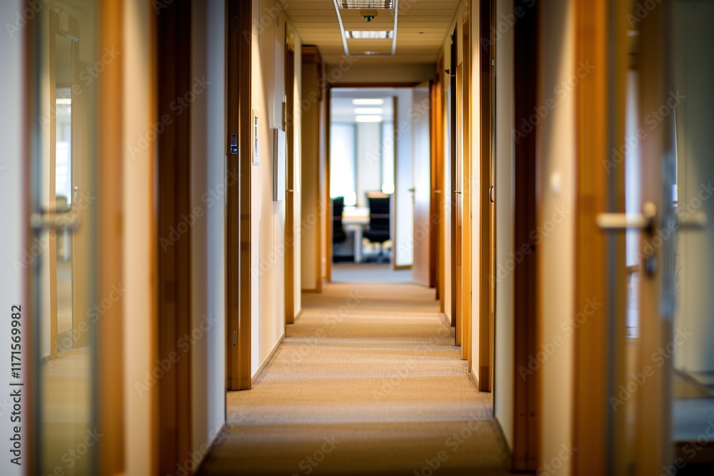 Empty office corridor with closed doors. Neutral tones and soft lighting. Empty office corridor with closed doors. Neutral tones and soft lighting.