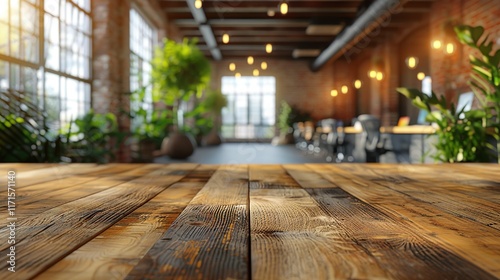 Rustic wooden table in a modern  plant-filled office.