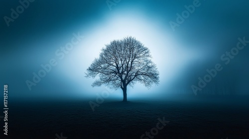 Isolated Bare Tree Standing Alone in Foggy Dark Field Creating an Eerie and Mysterious Atmosphere of Solitude and Nature's Beauty photo