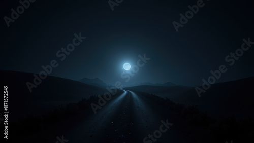 An undetectable AI moonlighting on an empty road at night with distant mountains.