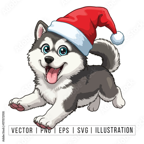 Cute Alaskan Malamute Puppy in Santa Hat - Christmas Cartoon Vector Illustration