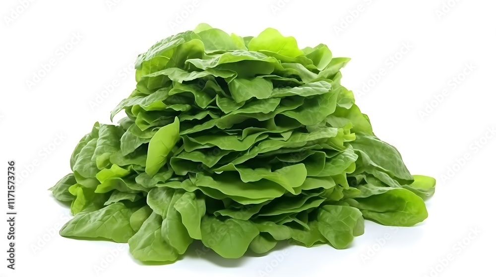 Isolated fresh green lettuce leaves arranged in a neat pile isolated on solid white background. Isolated fresh green lettuce leaves arranged in a neat pile isolated on solid white background.