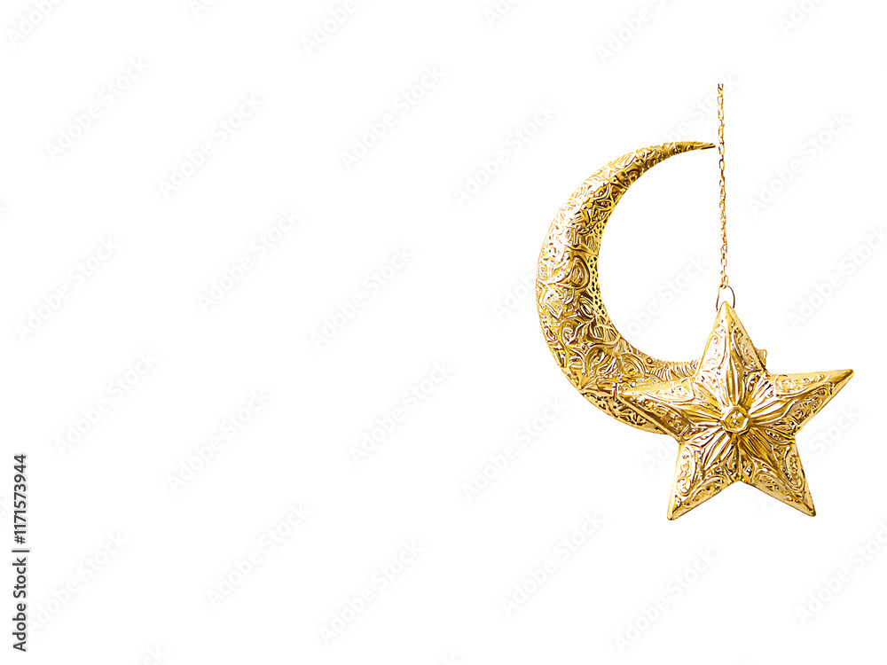 gold crescent moon and star ornament isolated on transparent or white background, png cutout gold crescent moon and star ornament isolated on transparent or white background, png cutout