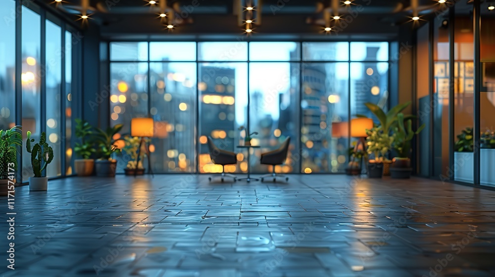 Modern office space with city view at night. Modern office space with city view at night.