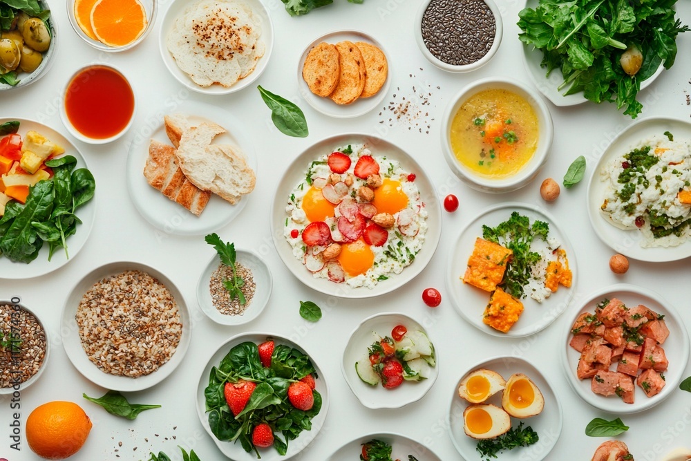 Colorful array of healthy breakfast dishes on a bright tabletop setting in a cozy kitchen Colorful array of healthy breakfast dishes on a bright tabletop setting in a cozy kitchen
